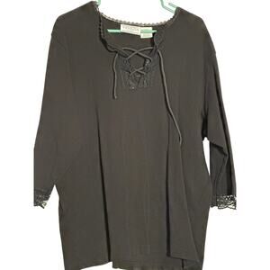 Plus Size Black Top with Lace Detail on Neckline and Sleeves — Size 2X